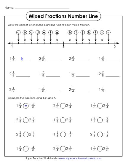 Comparing Fractions w/ Number Lines - Comparing Mixed Numbers on a Number Line (Printable PDF Worksheet)