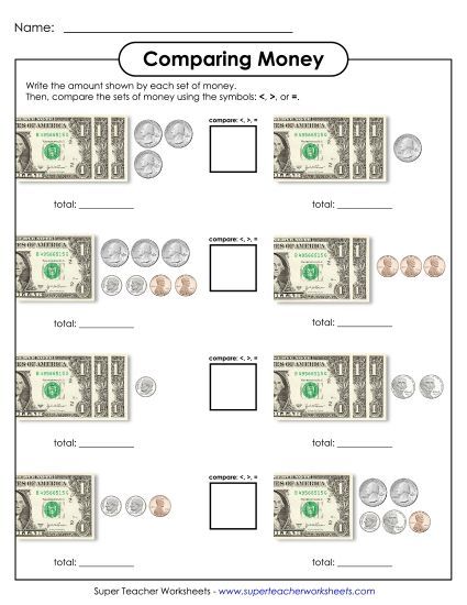 Amounts Up to $4 - Comparing Money (Printable PDF Worksheet)