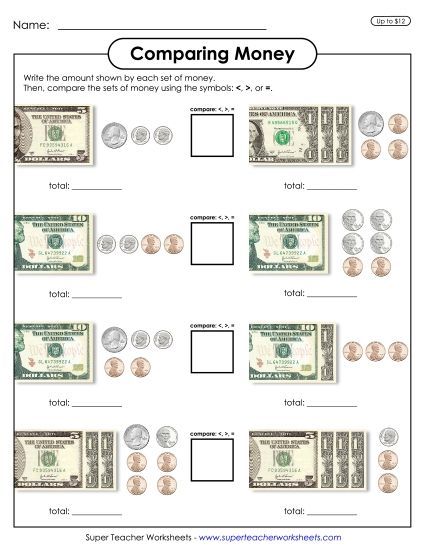 Amounts Up to $12 - Comparing Money (Printable PDF Worksheet)