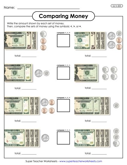 Amounts Up to $50 - Comparing Money (Printable PDF Worksheet)