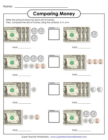 Comparing - Comparing Money (Up to $4) (Printable PDF Worksheet)