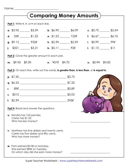 Compare Money Amounts - Comparing Money with Word Problems (Printable PDF Worksheet)