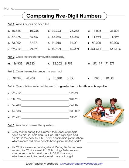 Comparing Numbers - Comparing Numbers (5-Digit) (Printable PDF Worksheet)