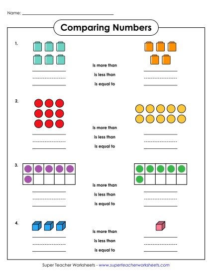 Greater, Less, Equal - Comparing Numbers: Illustrations (Printable PDF Worksheet)