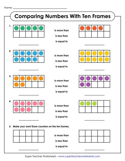 Greater, Less, Equal - Comparing Numbers with Ten Frames (Printable PDF Worksheet)