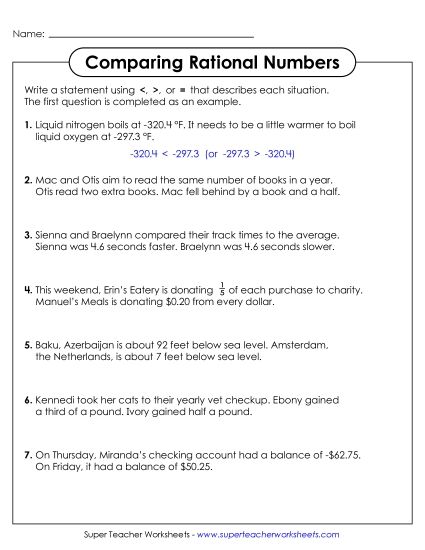Word Problems - Comparing Rational Numbers (Printable PDF Worksheet)