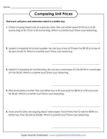 Finding & Comparing Unit Rates - Comparing Unit Rate 'Find the Better Buy' (Printable PDF Worksheet)