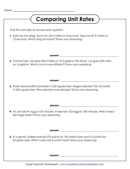 Finding & Comparing Unit Rates - Comparing Unit Rates (Printable PDF Worksheet)
