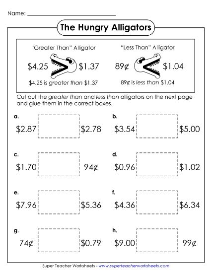 Comparing - Comparing w/ Alligators (Printable PDF Worksheet)