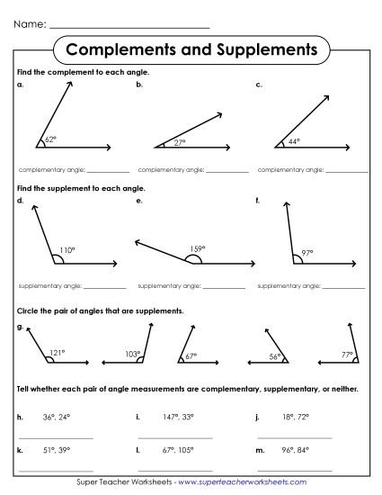Complementary & Supplementary Angles - Complementary and Supplementary Angles (Printable PDF Worksheet)