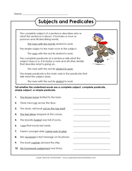 Simple Subjects & Predicates - Complete & Simple Subjects & Predicates (Printable PDF Worksheet)