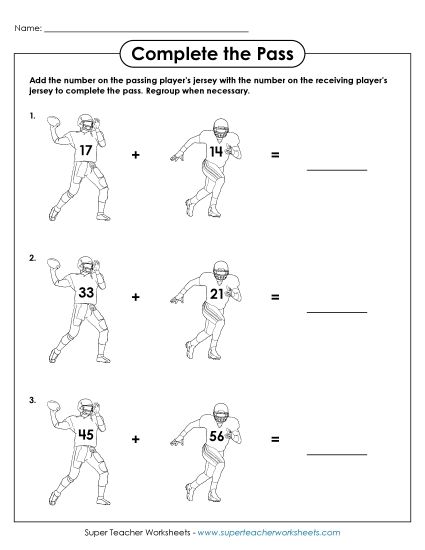 Worksheets (2-Digit Addends) - Complete the Pass (Football Theme) (Printable PDF Worksheet)