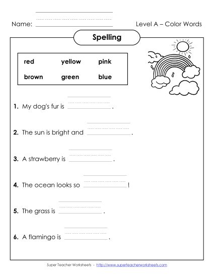 Worksheets and Activities  - Complete the Sentences (A-Color Words)  (Printable PDF Worksheet)