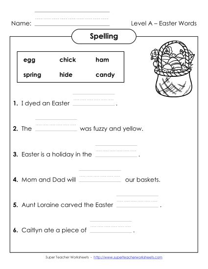 Worksheets - Complete the Sentences (A-Easter) (Printable PDF Worksheet)