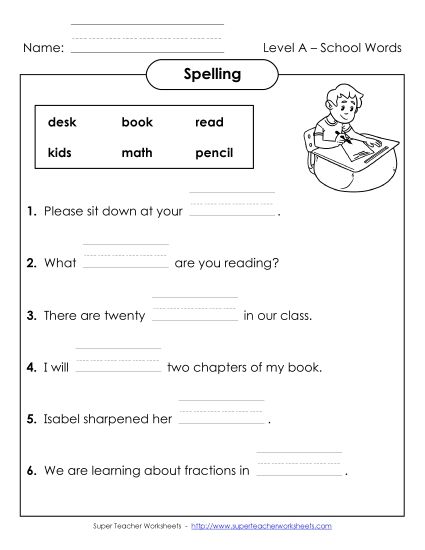Worksheets and Activities - Complete the Sentences (A-School Words) (Printable PDF Worksheet)