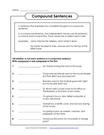 Compound Sentences - Compound Sentences #2 (Printable PDF Worksheet)