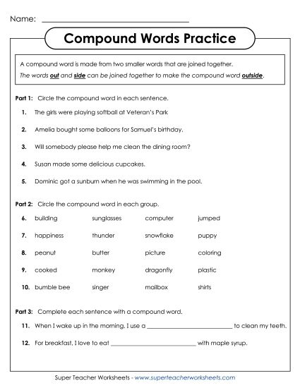 Intermediate - Compound Word Practice (Printable PDF Worksheet)