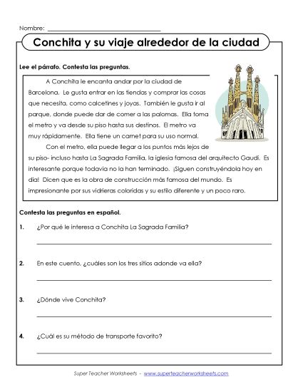 Level: Intermediate - Conchita y su viaje alrededor de la ciudad (Printable PDF Worksheet)