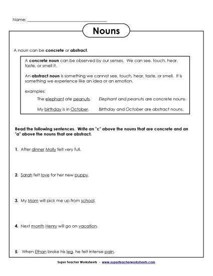 Abstract and Concrete Nouns - Concrete & Abstract Noun Sentences (Printable PDF Worksheet)