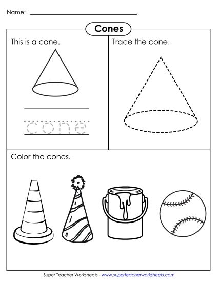 Individual Shapes - Cone: Trace & Color (Printable PDF Worksheet)