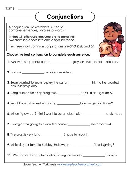 Intermediate - Conjunctions (And, But, Or) (Printable PDF Worksheet)