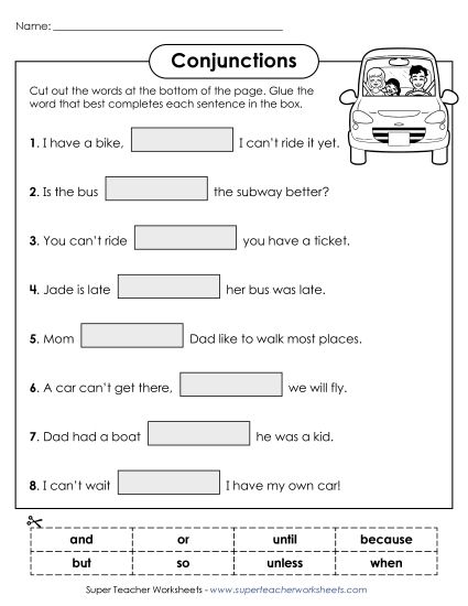 Basic - Conjunctions (Cut and Paste) (Printable PDF Worksheet)