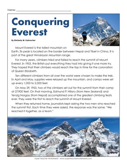 Nonfiction Articles - Conquering Everest (Printable PDF Worksheet)
