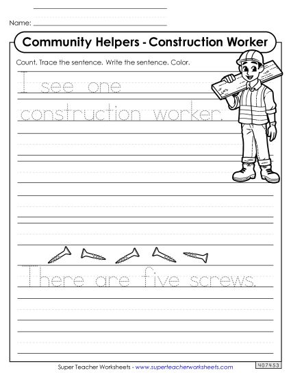 Trace & Write - Construction Worker (Trace & Write) (Printable PDF Worksheet)