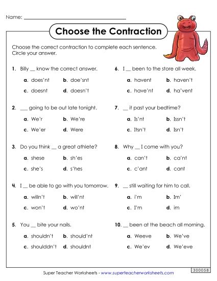 Worksheets - Contraction Choices (Printable PDF Worksheet)