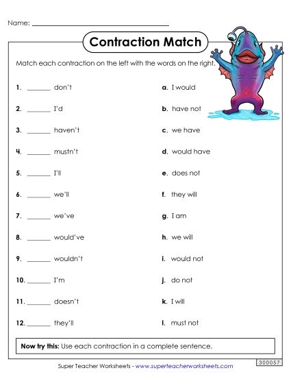 Worksheets - Contraction Match (Printable PDF Worksheet)