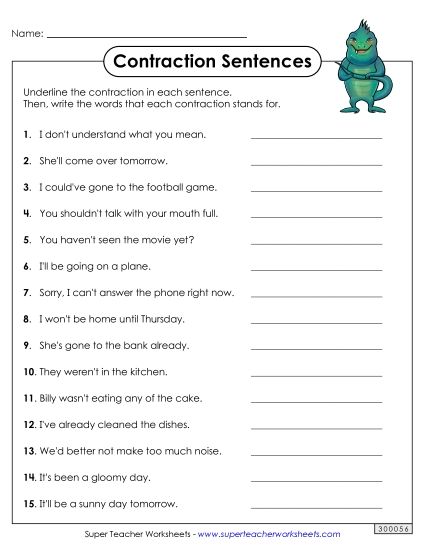 Worksheets - Contraction Sentences (Printable PDF Worksheet)