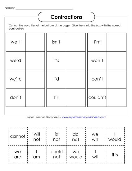 Worksheets - Contractions: Cut & Paste Activity 1 (Printable PDF Worksheet)
