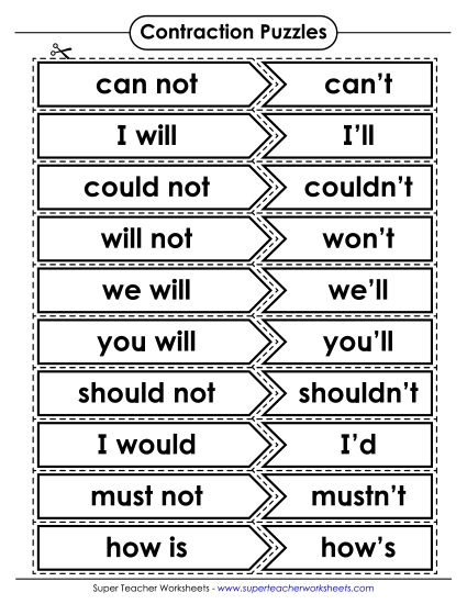 English -Language Arts Puzzle Match - Contractions Matching Activity (Printable PDF Worksheet)