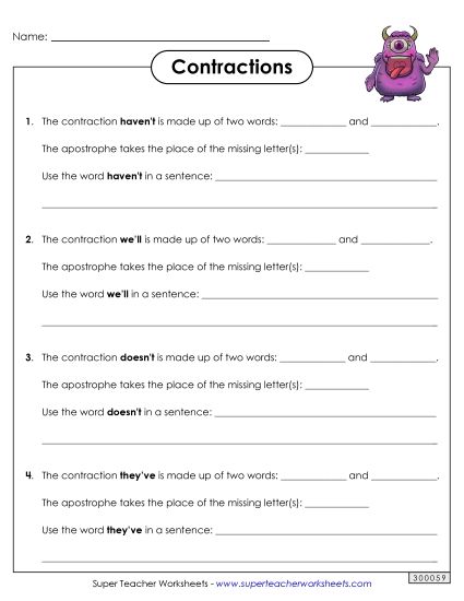Worksheets - Contractions - Thinking Activity (Printable PDF Worksheet)