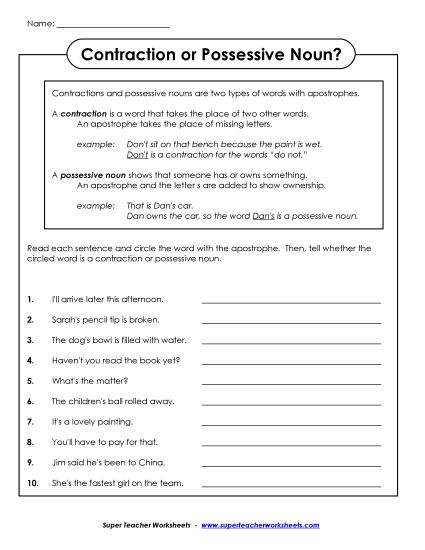 Worksheets - Contractions vs Possessive Nouns (Printable PDF Worksheet)