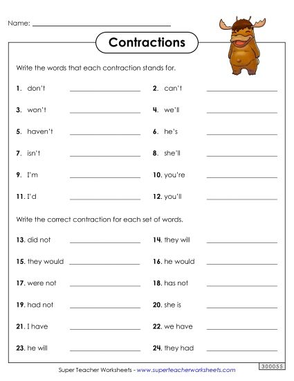Worksheets - Contractions Worksheet (Printable PDF Worksheet)