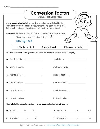 Conversions & Unit Comparisons - Conversion Factors (in, ft, yd, mi) (Printable PDF Worksheet)