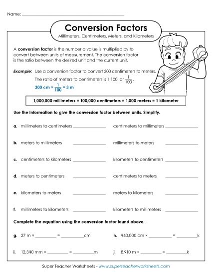 Mixed-Unit Measuring and Converting - Conversion Factors (mm, cm, m, km) (Printable PDF Worksheet)