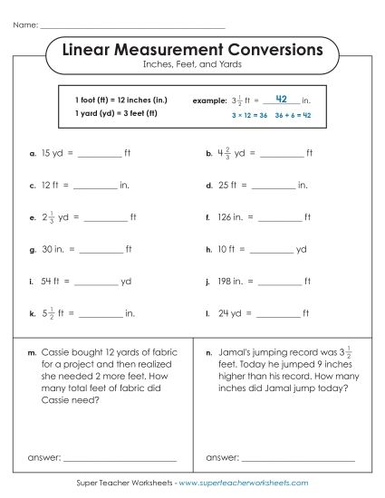 Conversions & Unit Comparisons - Converting Inches, Feet, and Yards (Advanced) (Printable PDF Worksheet)