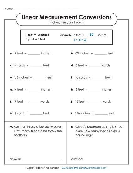 Conversions & Unit Comparisons - Converting Inches, Feet, and Yards (Basic) (Printable PDF Worksheet)