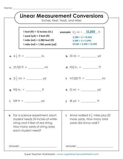 Conversions & Unit Comparisons - Converting Inches, Feet, Yards, and Miles (Advanced) (Printable PDF Worksheet)