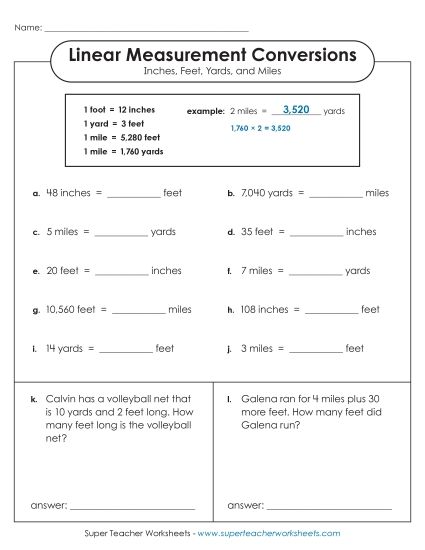 Conversions & Unit Comparisons - Converting Inches, Feet, Yards, and Miles (Basic) (Printable PDF Worksheet)