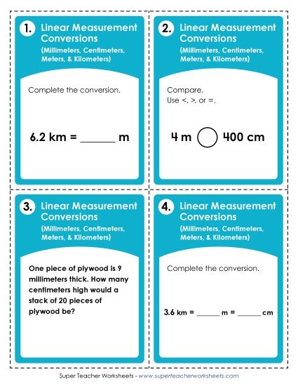 Converting Weights and Measures - Converting Metric Linear Measurements (mm, cm, m, km) (Printable PDF Worksheet)