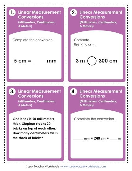 Converting Weights and Measures - Converting Metric Linear Measurements (mm, cm, m) (Printable PDF Worksheet)
