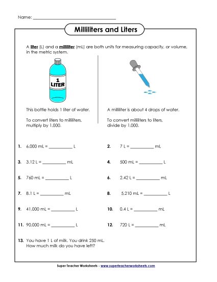 Converting Milliliters and Liters- Advanced (Printable PDF Worksheet)