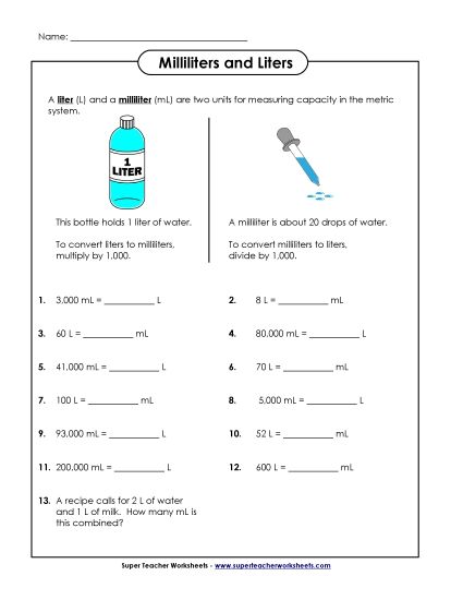 Converting Milliliters and Liters- Basic (Printable PDF Worksheet)