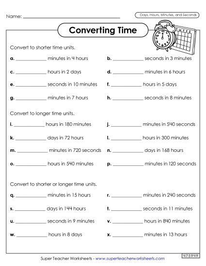 Days, Hours, Minutes, Seconds - Converting Time (Days, Hours, and Minutes) (Printable PDF Worksheet)