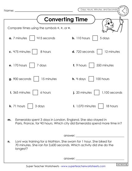 Days, Hours, Minutes, Seconds - Converting Time: Days, Hours, Minutes & Seconds Greater Than, Less Than, or Equal to  (Printable PDF Worksheet)