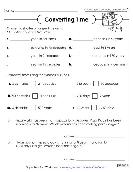 Days, Years, Decades, Centuries - Converting Time (Days, Years, Decades, and Centuries) (Printable PDF Worksheet)