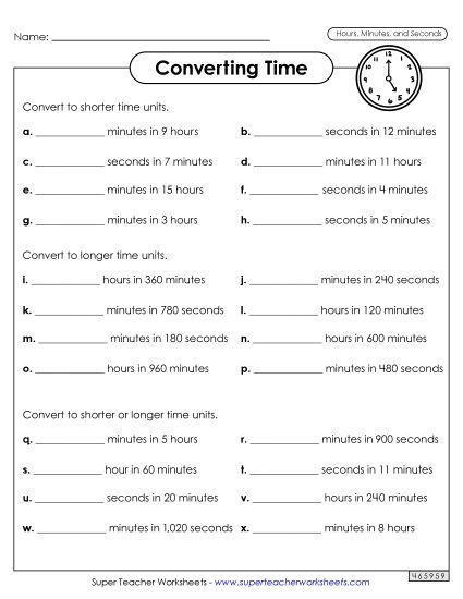 Hours, Minutes, Seconds - Converting Time (Hours, Minutes, and Seconds) (Printable PDF Worksheet)
